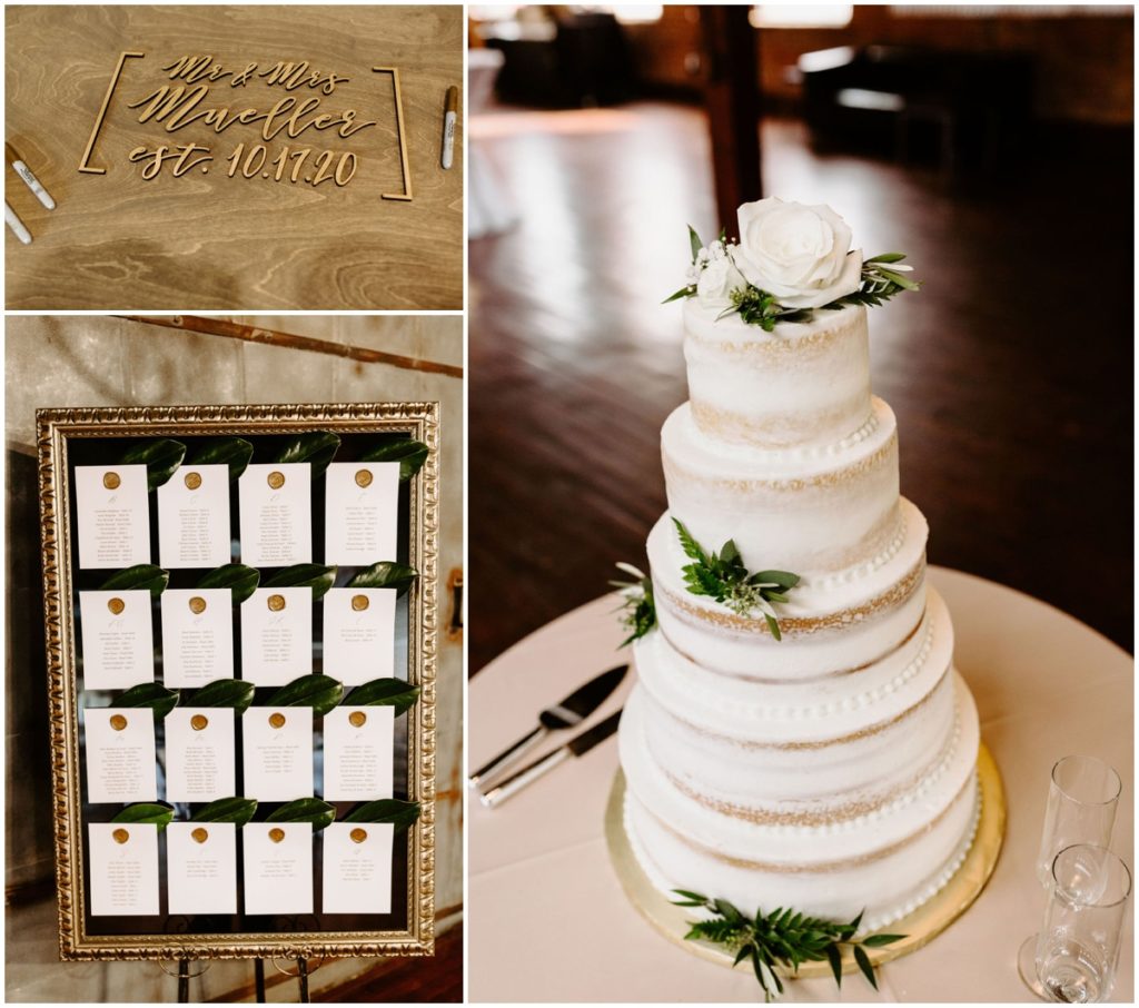 bride and groom guest book for guests to sign, their framed seating chart and 5 tiered white wedding cake with greenery and white floral