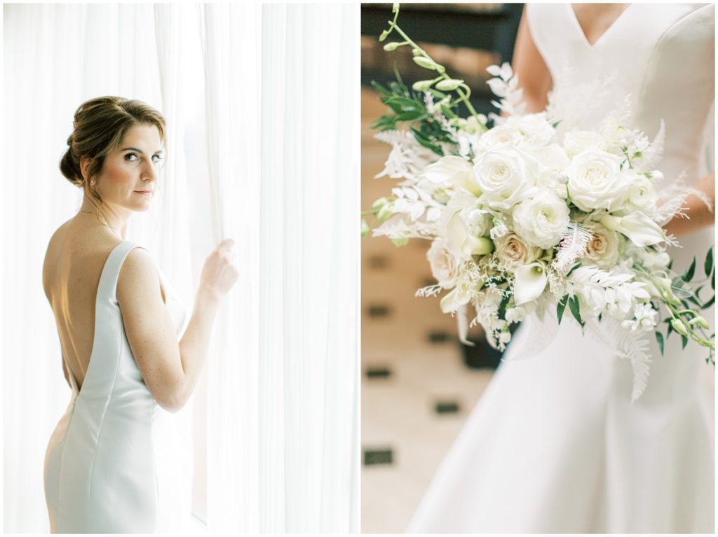 Bride in her suite and holding her bridal bouquet in Indianapolis Central library