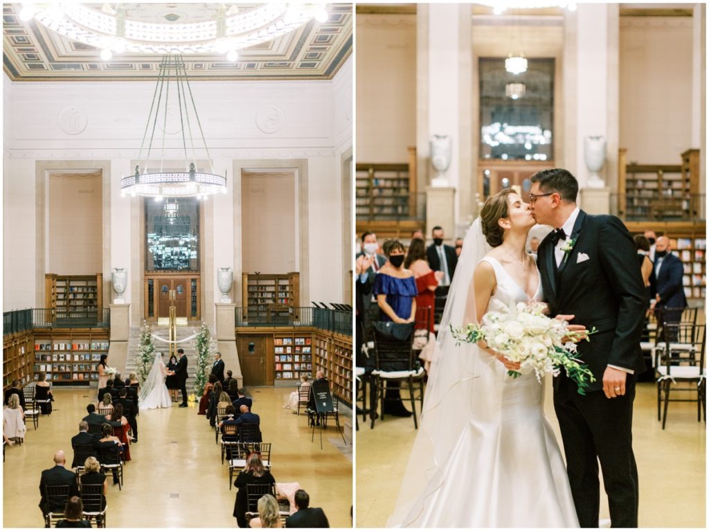 the bride and groom during their ceremony and their first kiss as husband and wife inside the Indianapolis central library