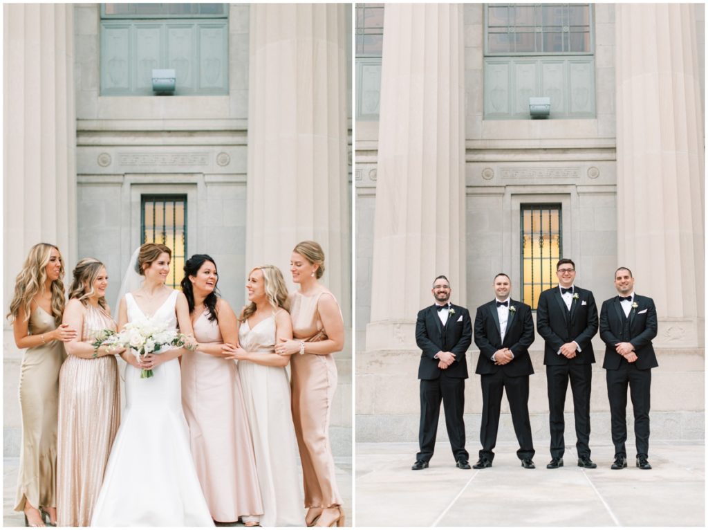 The wedding party take group photos outside the Indianapolis central library