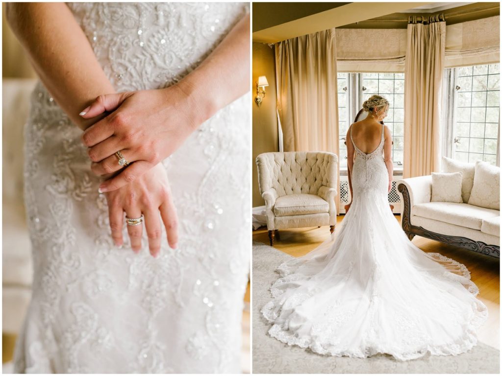 The bride wearing her wedding dress and wedding jewelry in the bridal suite at Laurel Hall in Indianapolis Indiana