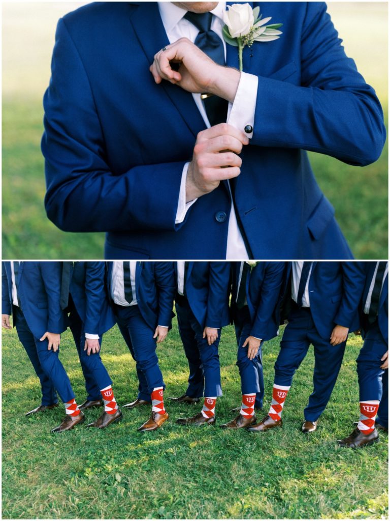 The groomsmen show up details of their wedding day outfits on the White willow farms lawn