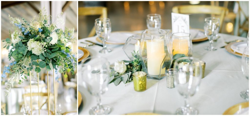 Reception table centerpieces consisted of tall floral stands, candles and greenery inside the main event barn