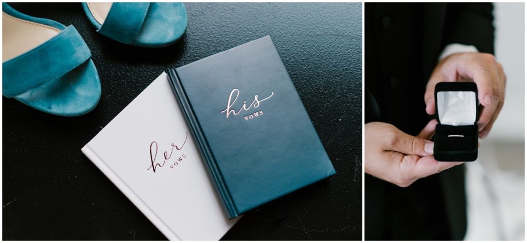 His and her vow books, the brides blue shoes and the wedding band