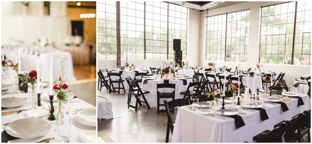 The reception space inside the Clerestory was decortaed with white tables, black chairs, red, peach and green floral centerpeices and tall candelsticks with accents of gold all around the room. 