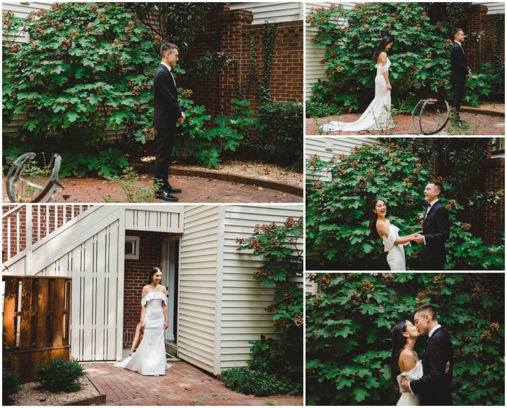 The bride and groom do a first look in a courtyard behind the bride's airbnb