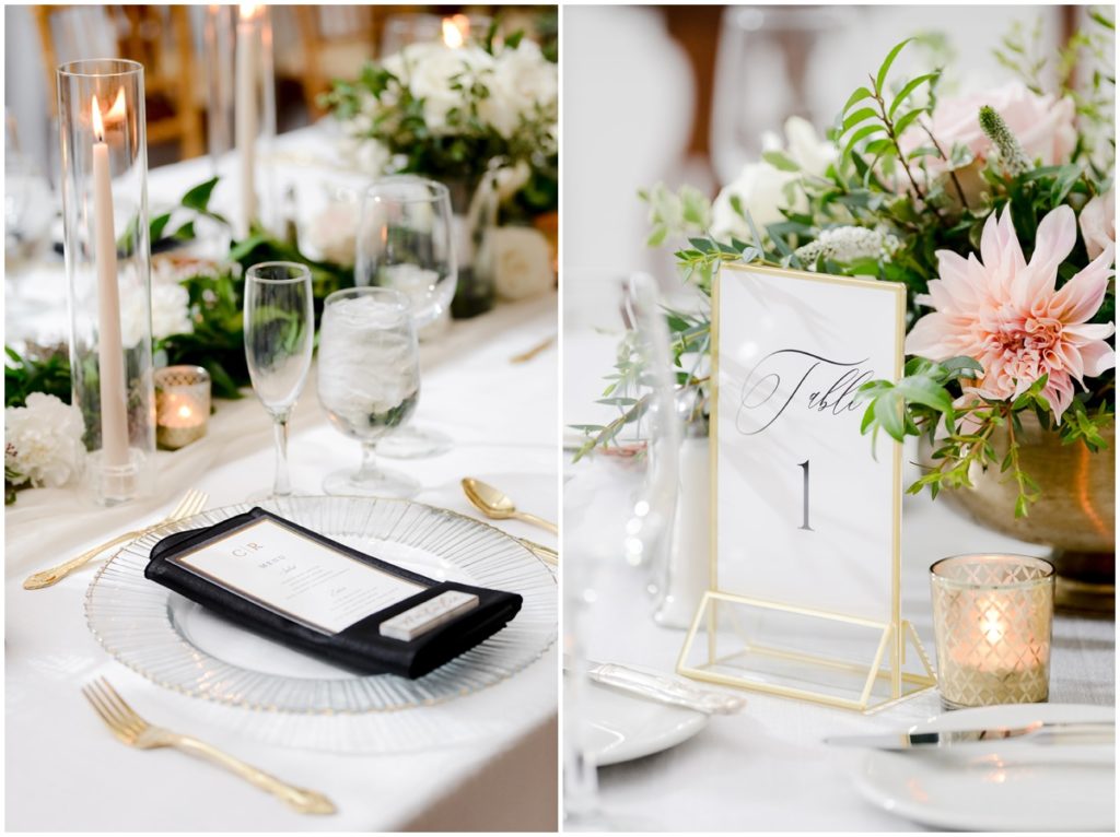 wedding reception details included white tableclothes, clear chargers, gold silverware and candles with black napkins and fresh flowers as centerpieces. 