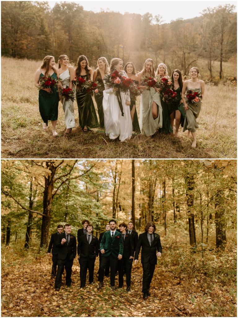 the wedding party taking group photos outside in the fall leaves and tall yellow and orange trees in the background