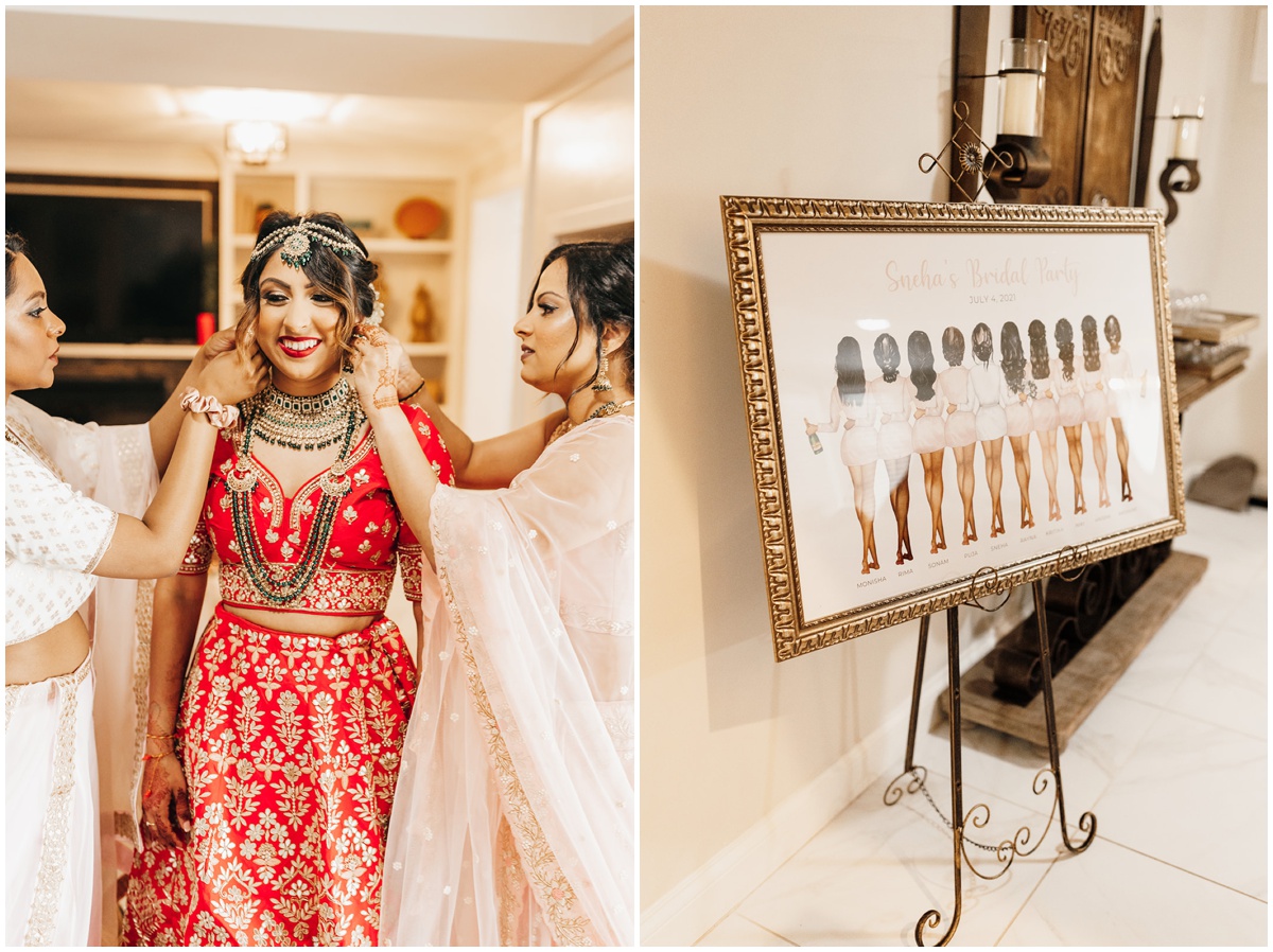 bridesmaids put final touches on the bride as she is almost ready. And a framed drawing labeled "Sneha's Bridal Party" in the foyer
