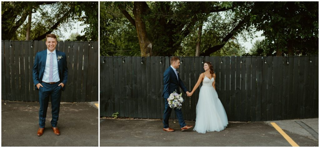The groom smiling, standing with his hands in his pockets and the bride and groom walking together in a parking lot