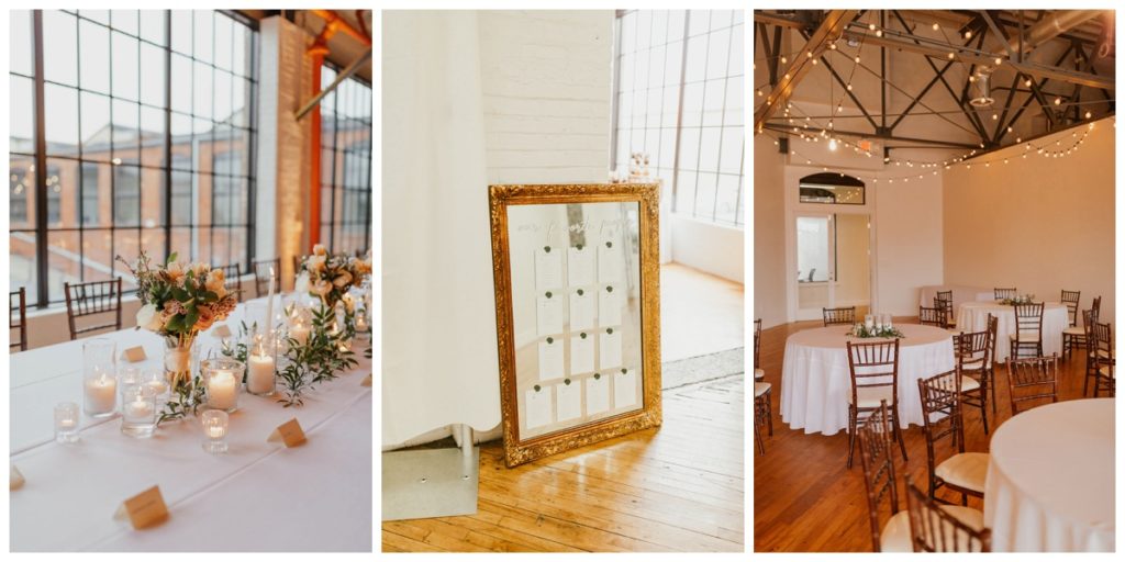 The Pointe Industrial Wedding Reception with twinkle lights, tea lights and decorations
