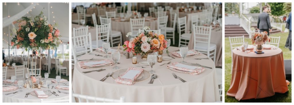 wedding reception tables with peach table clothes, white chairs and fresh colorful flowers 