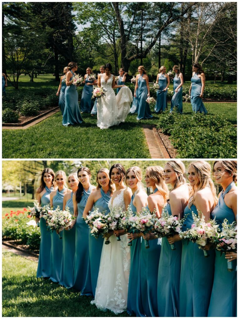 a bride and her bridesmaid in blue dresses take group photos in the gardens near Carrick house 