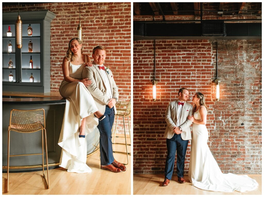 Bride and groom pose on the bar and stand with each other in the Order of the Writ room at Frazier History Museum