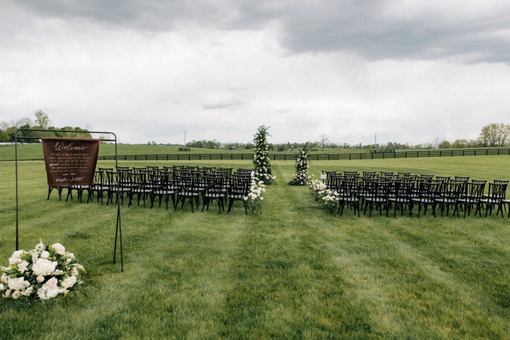 Outdoor wedding ceremony set up at Mimarie Farm is a classic southern vibe with modern design elements