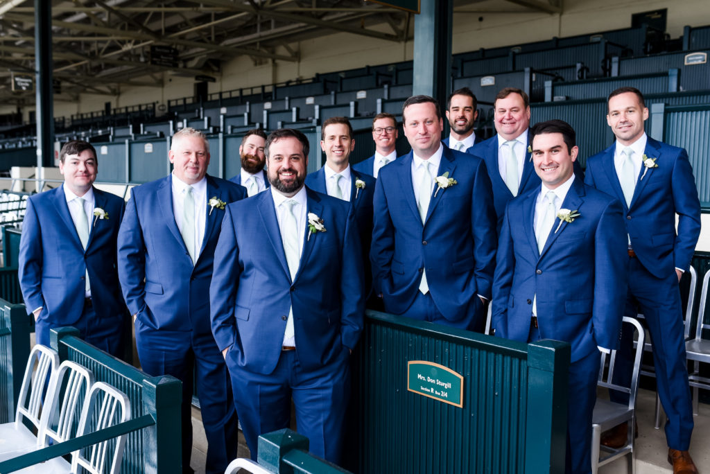 The groom and his groomsmen group photo outside Keeneland