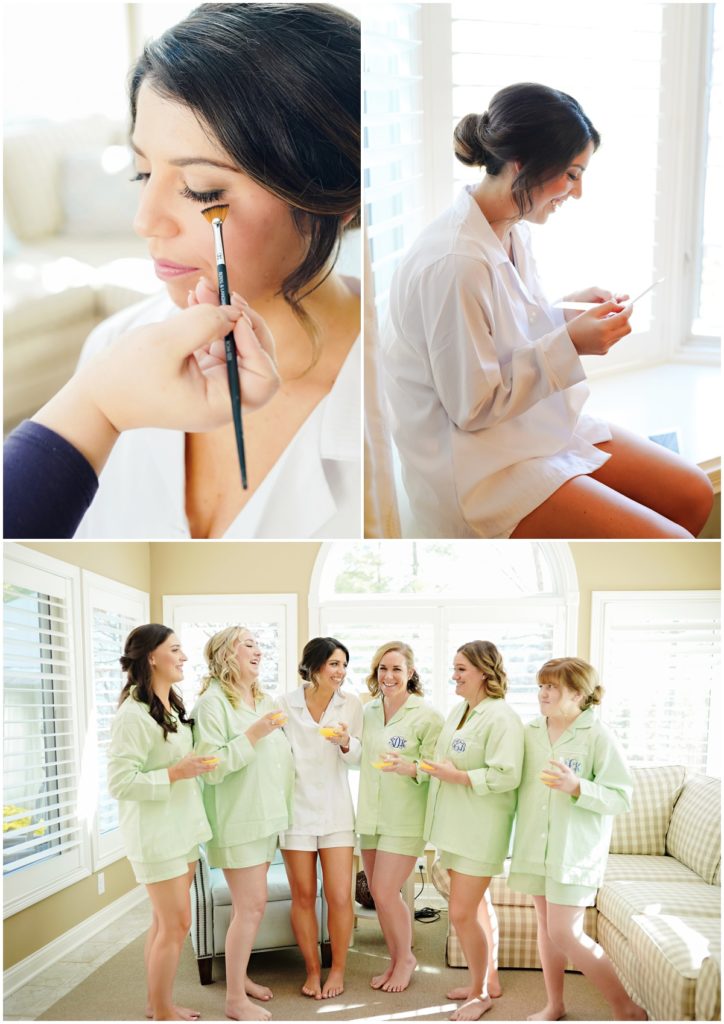 The bride getting her makeup done, reading a letter from her soon to be husband, and her and her bridesmaids in their getting ready attire.