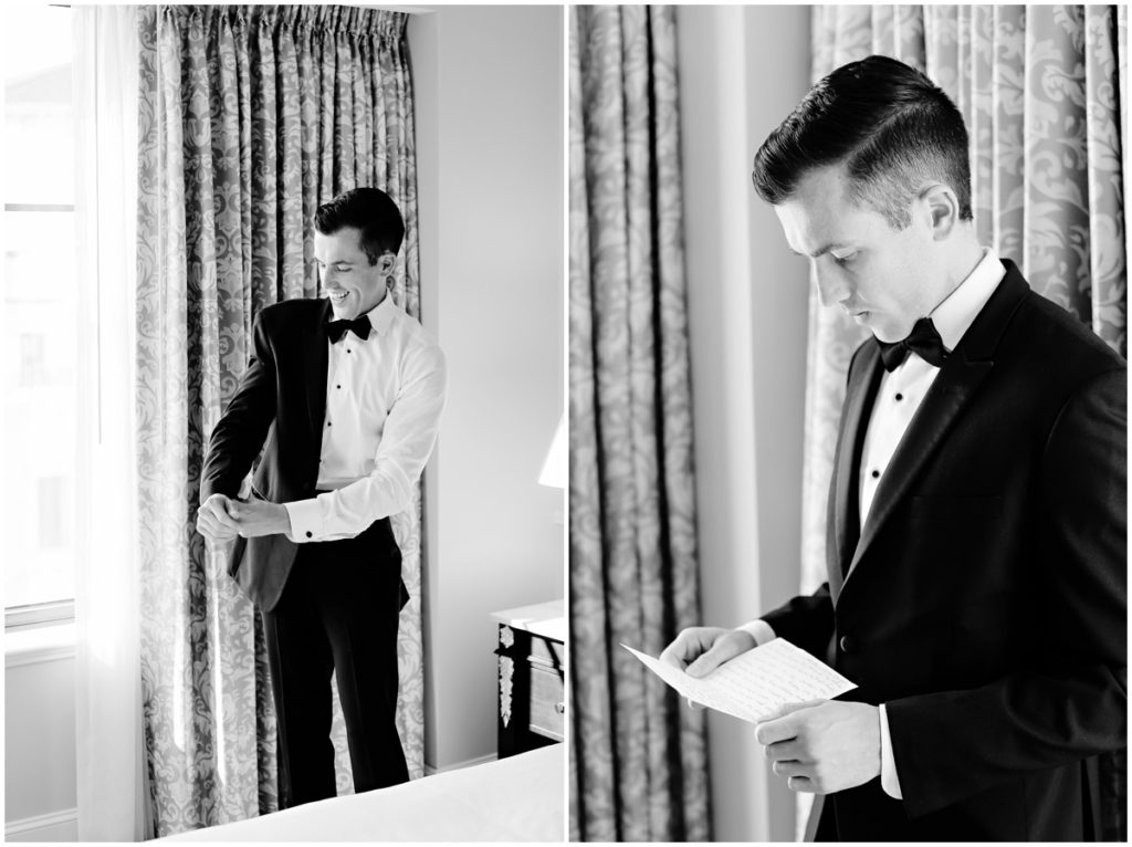 Black and white photos of the groom getting ready and reading a letter from his soon to be wife.