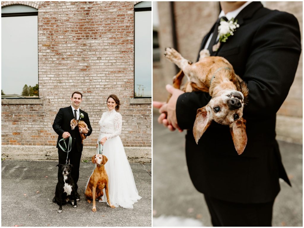 Bride-and-groom-pose-with-dogs-outside-Factory-12-event-loft