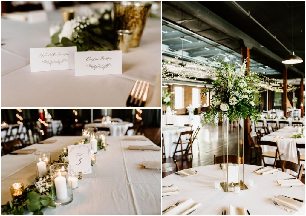 reception space details with pace cards, and table centerpieces consisting of greenery, candles, and tall floral bouquets