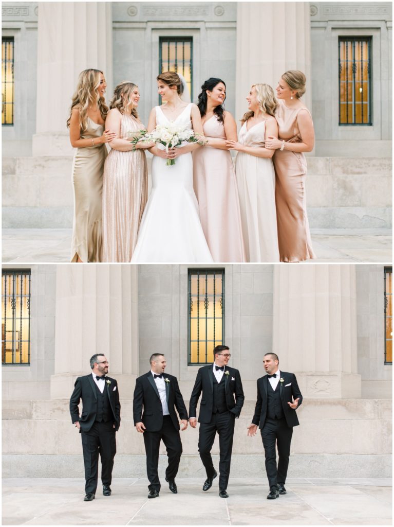 The wedding party took group photos outside the Indianapolis central library