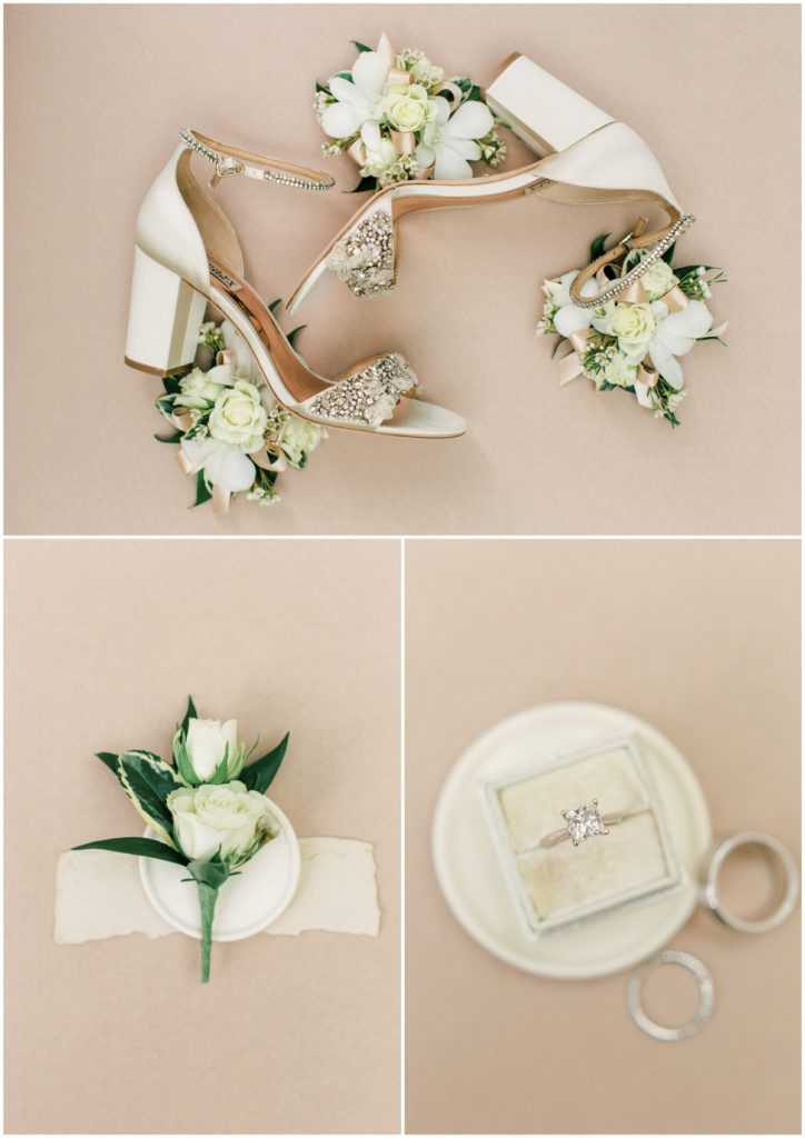 Bride shoes, wedding flowers and boutonniere and the diamond wedding ring on a nude background