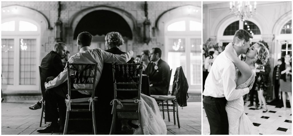Back and white photos of the bride and groom at their reception at Laurel Hall 