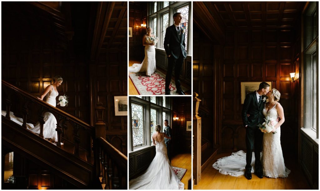 The bride and groom first look on the wood staircase inside Laurel Hall in Indianapolis Indiana