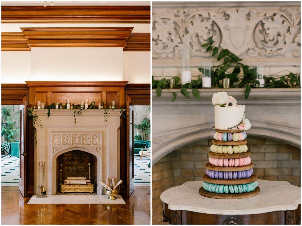 The stately fireplace in the lounge and the cake display in front of the fireplace in the solarium inside Laurel Hall