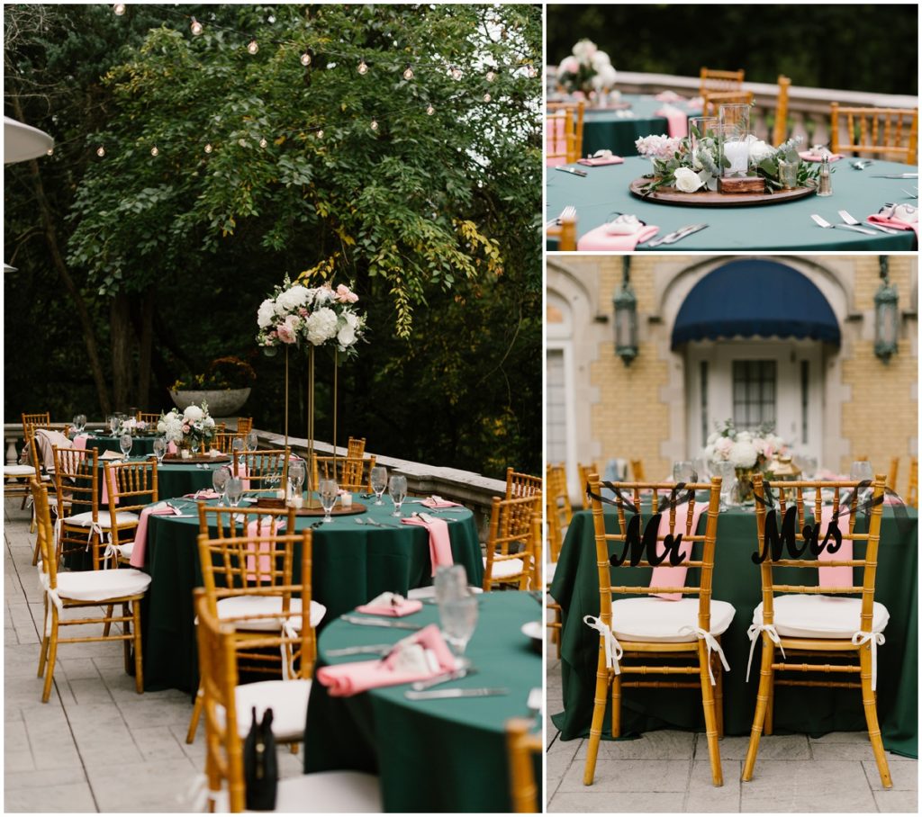 The reception tables and decorations on the outside terrace at Laurel Hall in Indianapolis Indiana