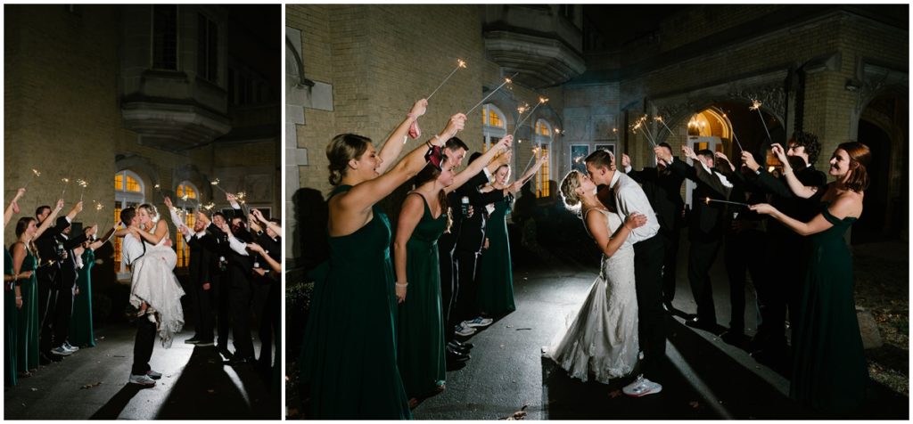 The bride and groom do a sparkler exit from Laurel Hall in Indianapolis Indiana