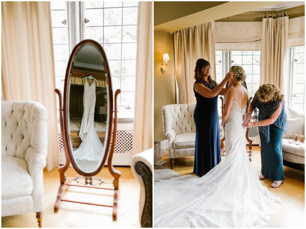 The bride puts on her wedding dress in the presidential suite at Laurel Hall in Indianapolis Indiana