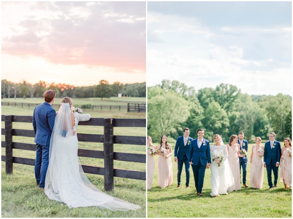 The wedding party took photos around the private property in grass fields and next to the horse pasture
