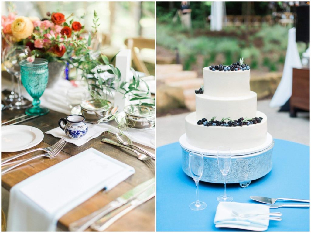Details from this private property wedding consisted of color table accents at the reception and a crisp white cake with fresh berries