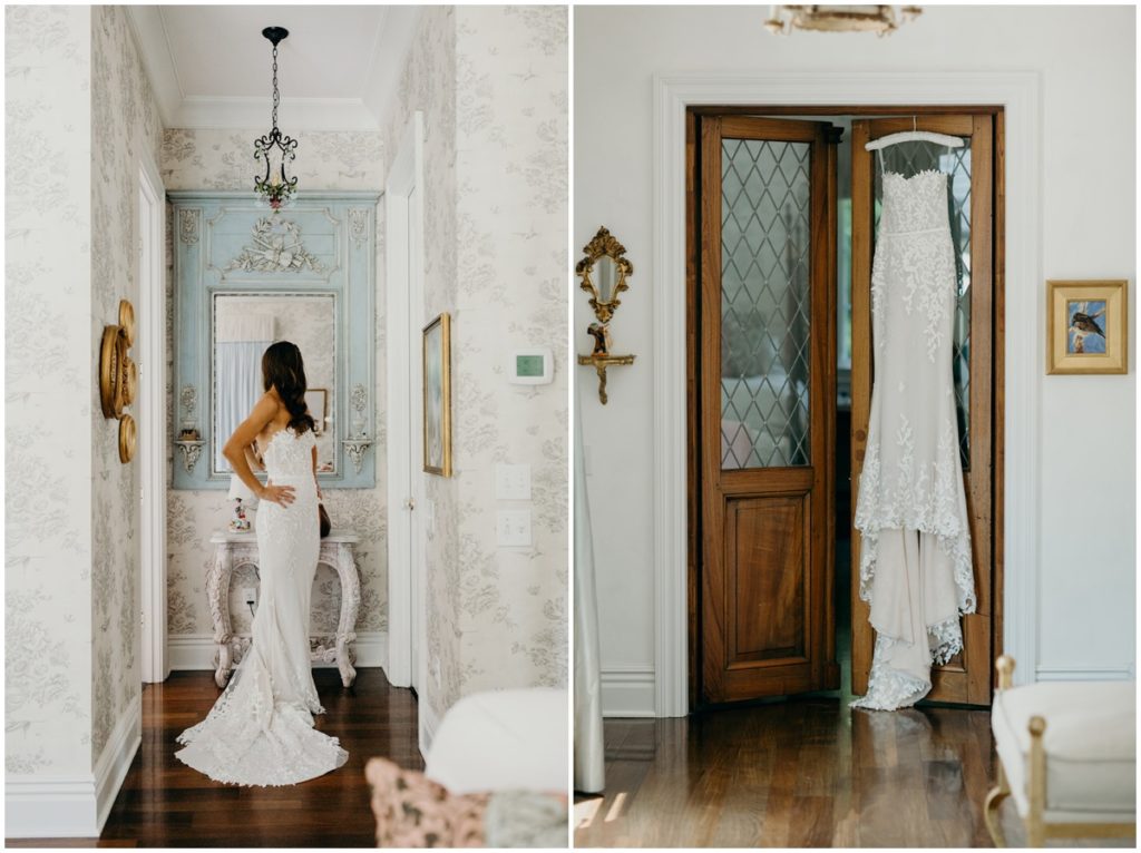 A Bride putting on her wedding dress inside a private home where the wedding was held