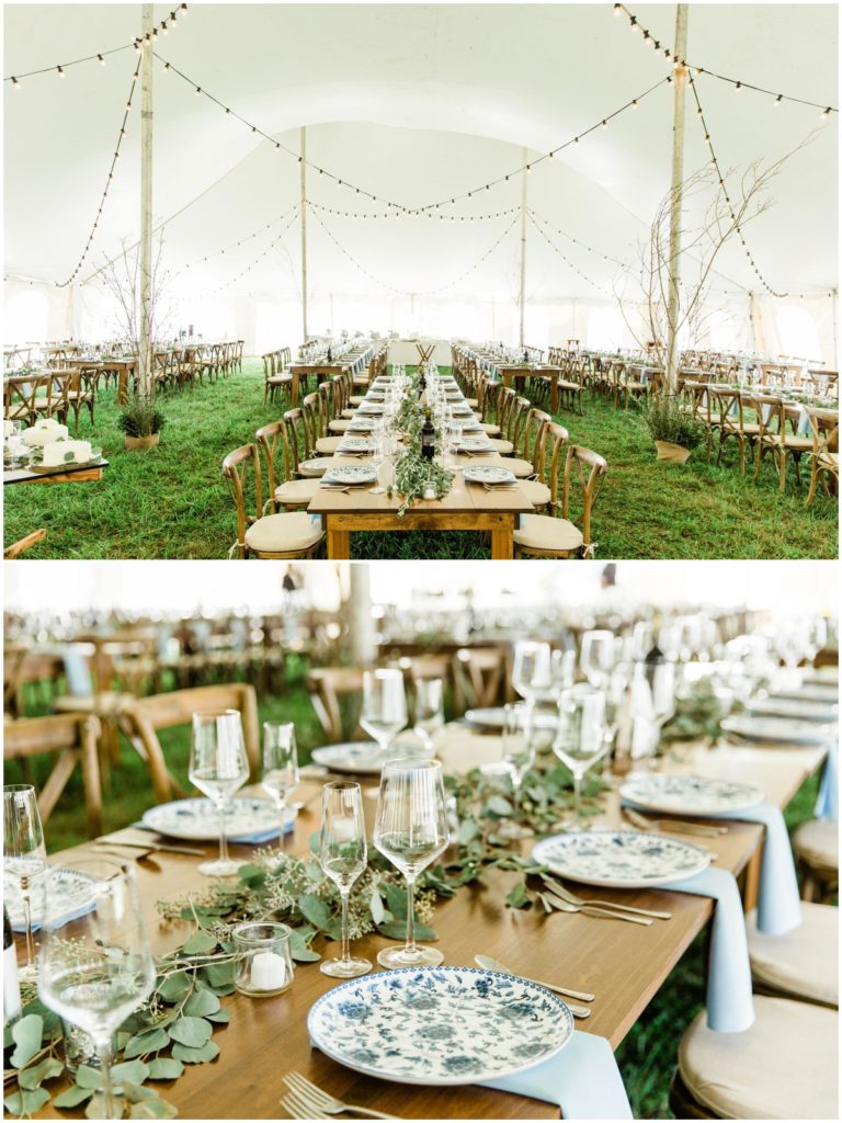 The wedding reception set up and decor in a large tent on the bride's family property