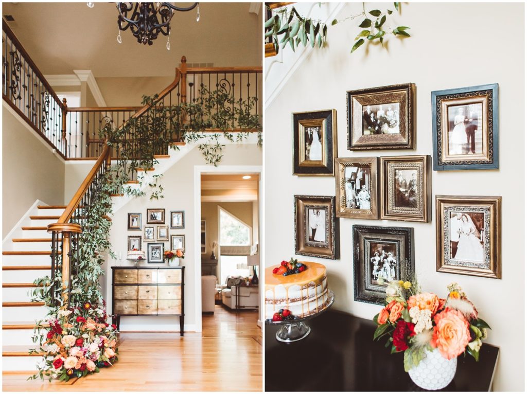 The foyer of a family home was transformed with floral, a wedding cake and old family wedding photos for this private property wedding