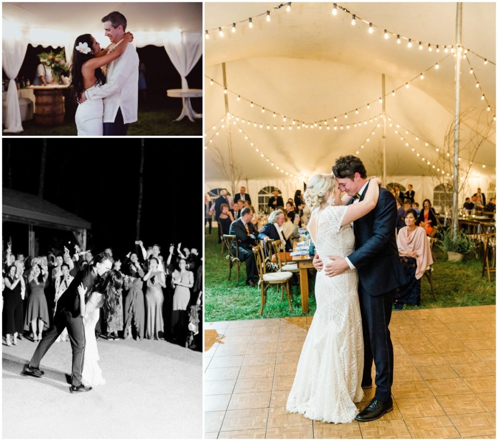 Bride and grooms dance under the night sky or large white tents with market lights at their private property weddings