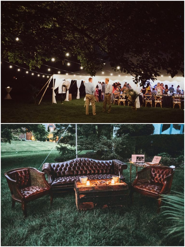 This private property wedding had a large white tent with market lights for the evening and a cigar lounge with soft candlelight and leather seating
