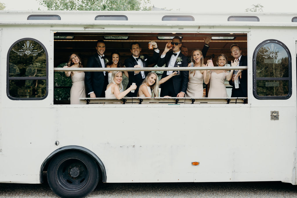 Transportation for the wedding party was a white vintage bus to get everyone from the private property wedding site to the reception 