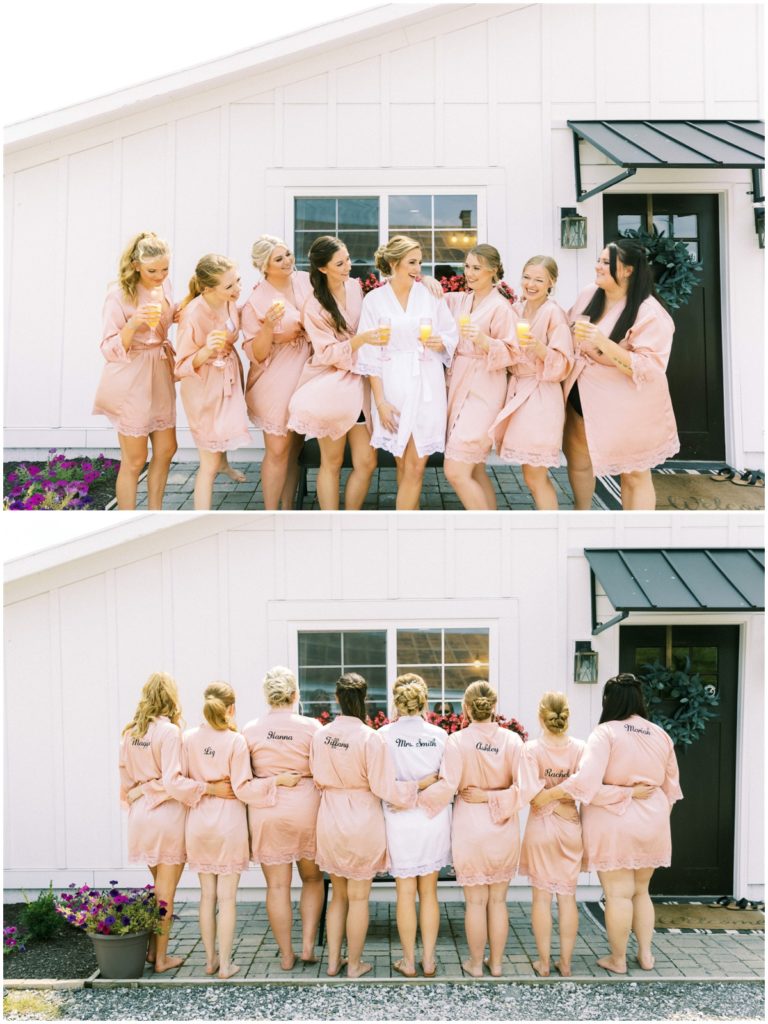 The bridal party taking a group photos outside of the bridal suite at White willow farms 
