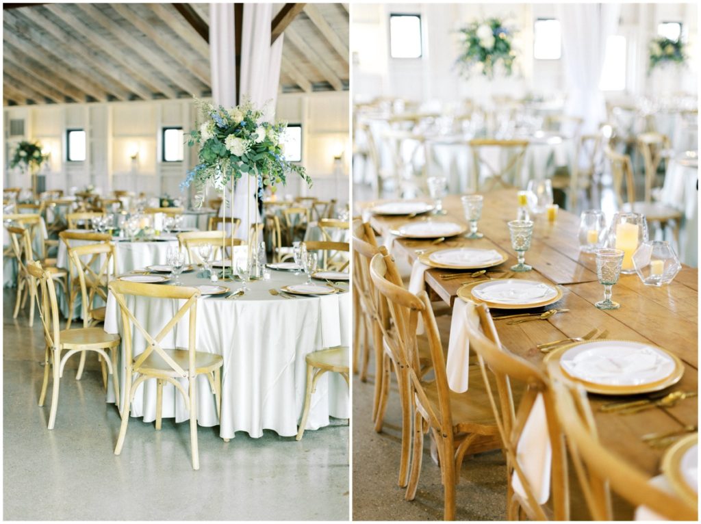 The wedding reception design inside the wedding barn at white willow farms in indiana