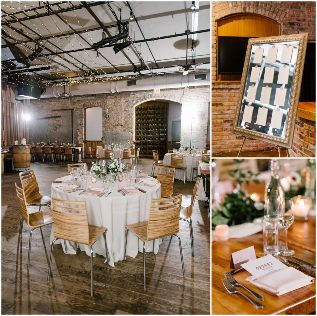 The wedding reception decor in the city winery consisted of white and pink linene, wooden chairs, and gold accents