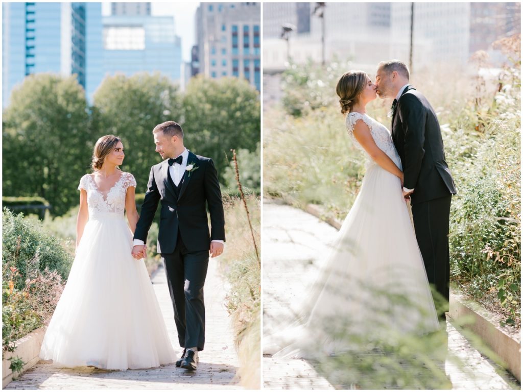 The bride and groom take private photos in a park in chicago before their wedding