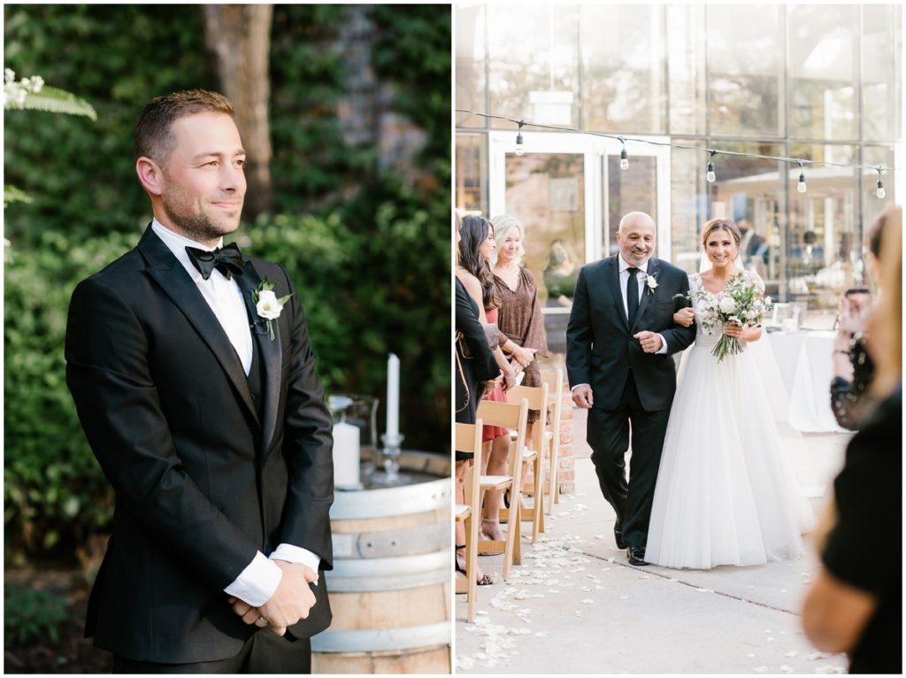 the bride is escorted down the aisle by her father and the groom gazes and them in pure joy as they approach the front of the aisle