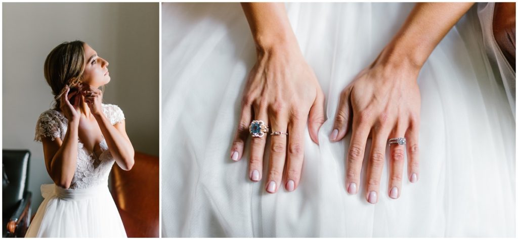 The bride puts on her earrings and captured a detailed shot of the rings on her fingers