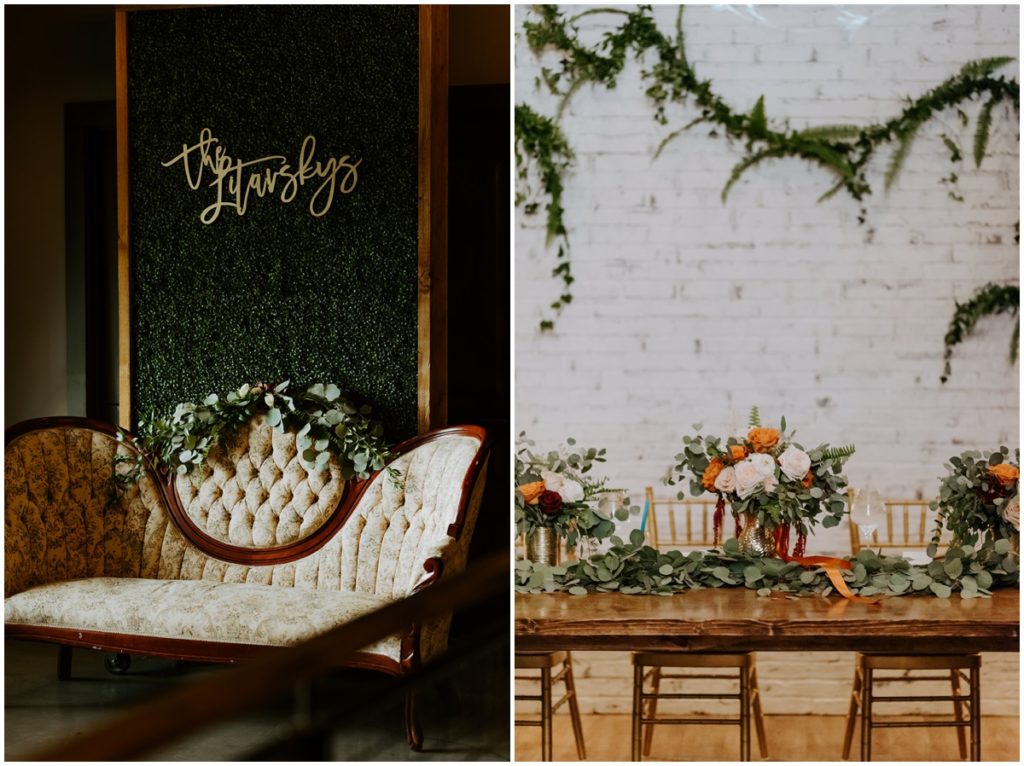 winery wedding reception decor with a couch, floral and greenery wall inside daniel's vineyard