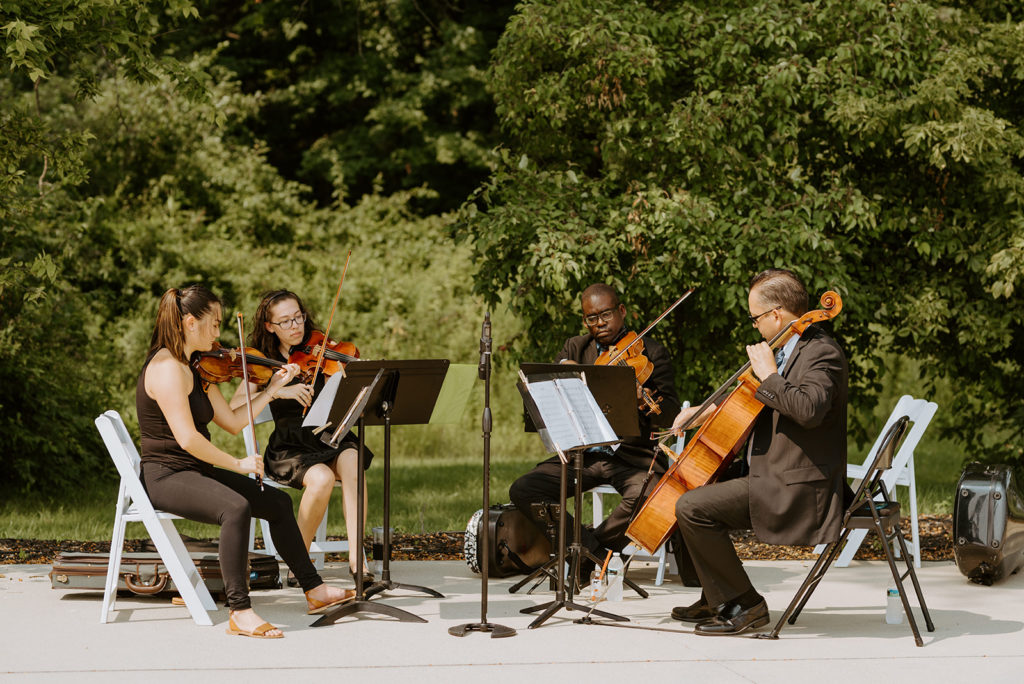 A string quartet plays at the outdoor ceremony at daniel's vineyard