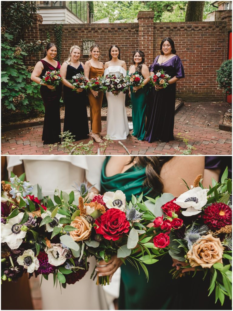 The bride takes a group photo with her bridesmaids and gets a close up of their bouquets in an outdoor courtyard