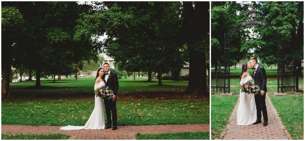 The bride and groom take photos in Gratz Park with large trees and lush lawn in Lexington